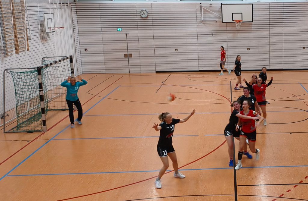 Bild zeigt die Damen gegen den TSV Gilching 2 beim einem Wurf einer Gilchingerin zu einer anderen.