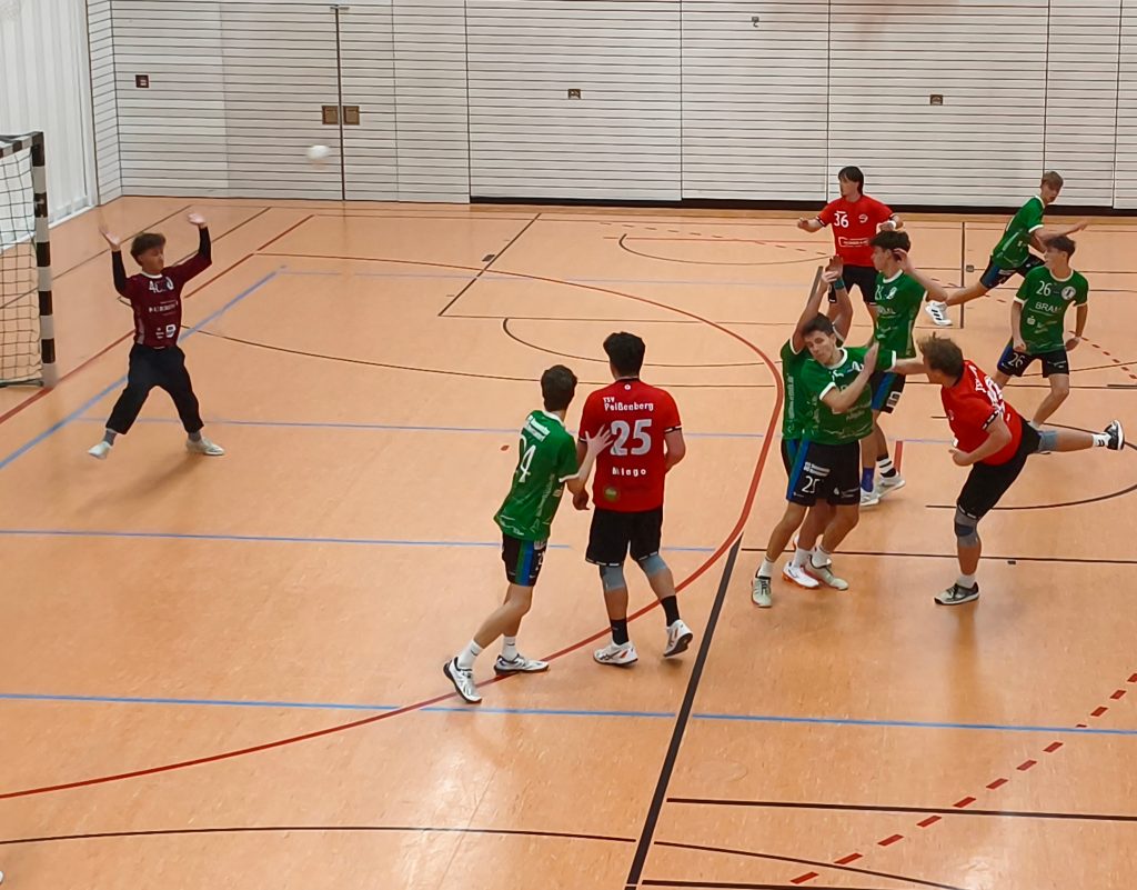 Bild zeigt einen Wurf auf das gegnerische Tor.